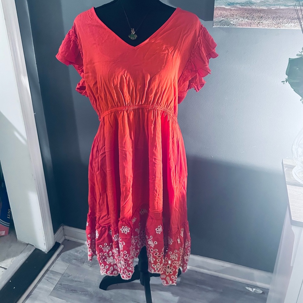 PRICE REDUCED SOLITAIRE Red V-Neck Dress with Floral Hem
